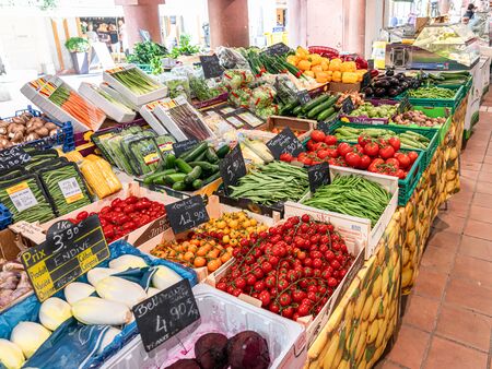 CANNES, FRANCE - JUNE 01, 2019: Healthy Fresh Fruits and Vegetables For Sale In Supermarketのeditorial素材