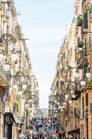 BARCELONA, SPAIN - JUNE 03, 2019: Crowd Of People In Central Downtown Barcelona City On Ferran Street (Carrer de Ferran)のeditorial素材
