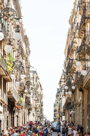 BARCELONA, SPAIN - JUNE 03, 2019: Crowd Of People In Central Downtown Barcelona City On Ferran Street (Carrer de Ferran)のeditorial素材