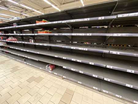 BUCHAREST, ROMANIA - MARCH 18, 2020: Panic Buyers And Food Cans Shortage In Supermarket Store Due To Coronavirus Pandemicのeditorial素材