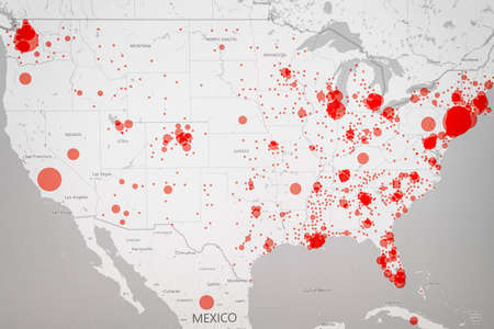 BUCHAREST, ROMANIA - MARCH 23, 2020: Map Of United States Of America With Coronavirus Pandemic Spreading All Around USAのeditorial素材
