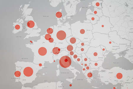 BUCHAREST, ROMANIA - MARCH 23, 2020: Europe Map With Coronavirus Pandemic Spreading In Every European Countryのeditorial素材