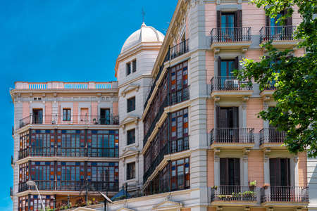BARCELONA, SPAIN - JUNE 04, 2019: Modern Architecture Details On Building Facade In Barcelona Cityのeditorial素材