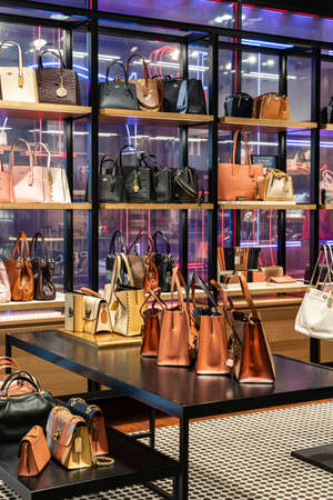 BARCELONA, SPAIN - JUNE 04, 2019: Luxurious Woman Clothing And Accessories For Sale In Fashion Storeのeditorial素材