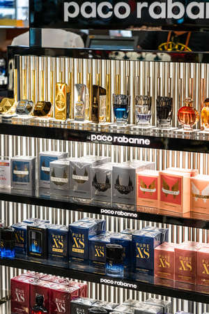BARCELONA, SPAIN - JUNE 04, 2019: Paco Rabanne perfume for sale in luxury shopping mall storeのeditorial素材