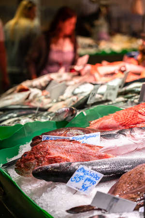 BARCELONA, SPAIN - JUNE 06, 2019: Fresh Fish And Seafood On Ice In Fish Marketのeditorial素材