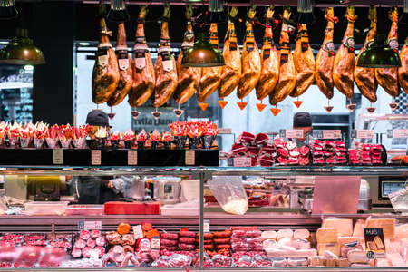 BARCELONA, SPAIN - JUNE 06, 2019: Meat Products For Sale In Barcelona Marketのeditorial素材