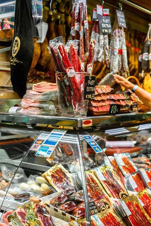 BARCELONA, SPAIN - JUNE 06, 2019: Meat Products For Sale In Barcelona Marketのeditorial素材