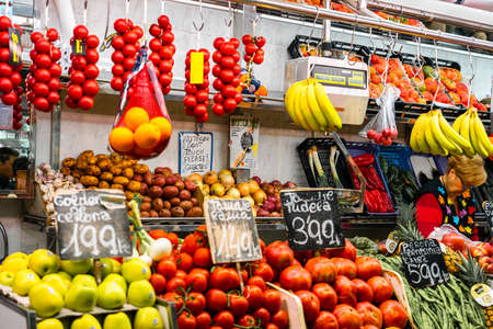BARCELONA, SPAIN - JUNE 06, 2019: Healthy Fresh And Dried Fruits And Spices For Sale In Fruit Market La Boqueriaのeditorial素材