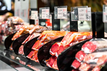 BARCELONA, SPAIN - JUNE 06, 2019: Meat Products For Sale In Barcelona Marketのeditorial素材