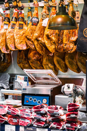 BARCELONA, SPAIN - JUNE 06, 2019: Meat Products For Sale In Barcelona Marketのeditorial素材