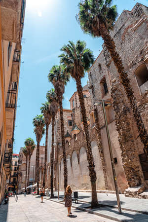 BARCELONA, SPAIN - JUNE 06, 2019: Exotic Architecture And Tropical Street Palm Trees Downtown Barcelona Cityのeditorial素材