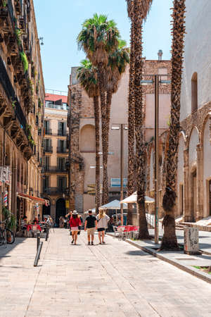 BARCELONA, SPAIN - JUNE 06, 2019: Exotic Architecture And Tropical Street Palm Trees Downtown Barcelona Cityのeditorial素材