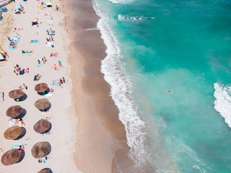 Aerial Beach, People And Colorful Umbrellas On Beach Photography, Blue Ocean Landscape, Sea Wavesの写真素材