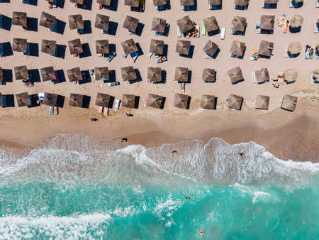 Aerial Beach, People And Umbrellas On Beach Photography, Blue Ocean Landscape, Sea Wavesの写真素材