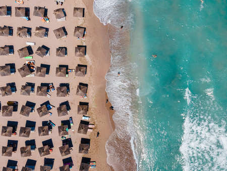 Aerial Beach, People And Umbrellas On Beach Photography, Blue Ocean Landscape, Sea Wavesの写真素材
