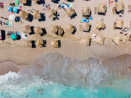Aerial Beach, People And Umbrellas On Beach Photography, Blue Ocean Landscape, Sea Wavesの写真素材