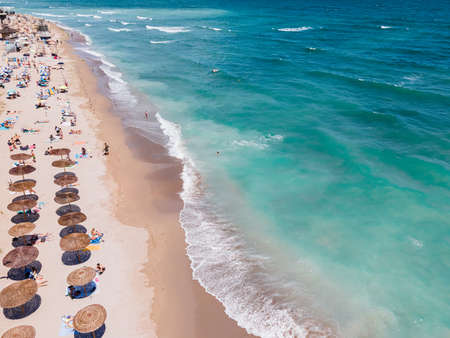 Aerial Beach, People And Colorful Umbrellas On Beach Photography, Blue Ocean Landscape, Sea Wavesの写真素材