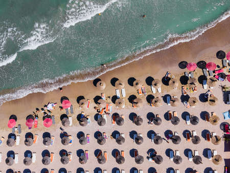 Aerial Beach, People And Colorful Umbrellas On Beach Photography, Blue Ocean Landscape, Sea Wavesの写真素材