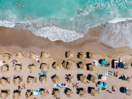 Aerial Beach, People And Umbrellas On Beach Photography, Blue Ocean Landscape, Sea Wavesの写真素材