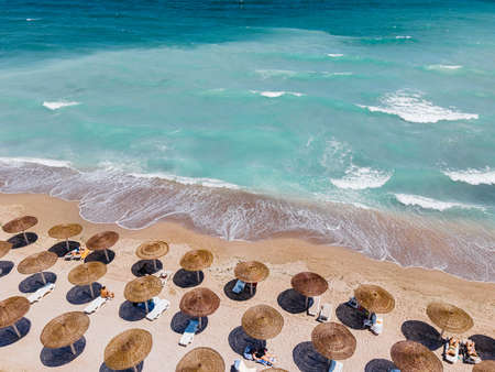 Aerial Beach, People And Umbrellas On Beach Photography, Blue Ocean Landscape, Sea Wavesの写真素材