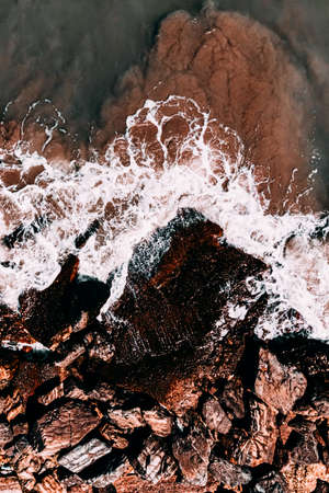Aerial View Seascape, Ocean Waves Crashing, Rocky Drone Photographyの写真素材