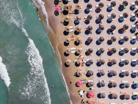 Aerial Beach, People And Colorful Umbrellas On Beach Photography, Blue Ocean Landscape, Sea Wavesの写真素材