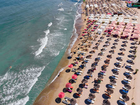 Aerial Beach, People And Colorful Umbrellas On Beach Photography, Blue Ocean Landscape, Sea Wavesの写真素材