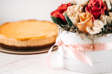 Roses Flower Bouquet and Lemon Curd Anniversary Birthday Cakeの写真素材