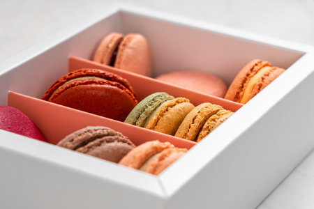 Colorful Box of Fruit French Macaronsの写真素材