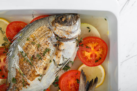 Oven Baked Sea Bream With Tomatoes And Thymeの写真素材