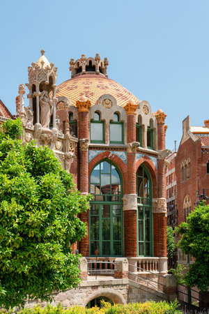 BARCELONA, SPAIN - JUNE 07, 2019: Hospital de la Santa Creu Sant Pau or Hospital of the Holy Cross and Saint Paul built between 1901 and 1930, by modernism architect Lluis Domenech Montanerのeditorial素材