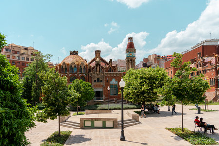 BARCELONA, SPAIN - JUNE 07, 2019: Hospital de la Santa Creu Sant Pau or Hospital of the Holy Cross and Saint Paul built between 1901 and 1930, by modernism architect Lluis Domenech Montanerのeditorial素材