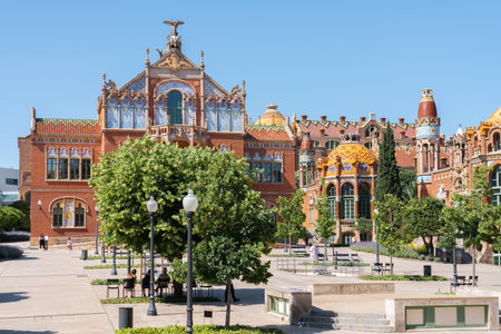 BARCELONA, SPAIN - JUNE 07, 2019: Hospital de la Santa Creu Sant Pau or Hospital of the Holy Cross and Saint Paul built between 1901 and 1930, by modernism architect Lluis Domenech Montanerのeditorial素材
