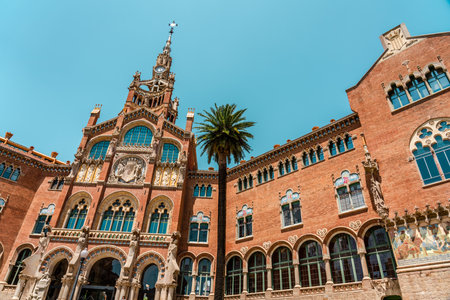 BARCELONA, SPAIN - JUNE 07, 2019: Hospital de la Santa Creu Sant Pau or Hospital of the Holy Cross and Saint Paul built between 1901 and 1930, by modernism architect Lluis Domenech Montanerのeditorial素材