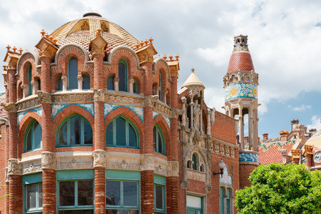BARCELONA, SPAIN - JUNE 07, 2019: Hospital de la Santa Creu Sant Pau or Hospital of the Holy Cross and Saint Paul built between 1901 and 1930, by modernism architect Lluis Domenech Montanerのeditorial素材