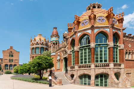 BARCELONA, SPAIN - JUNE 07, 2019: Hospital de la Santa Creu Sant Pau or Hospital of the Holy Cross and Saint Paul built between 1901 and 1930, by modernism architect Lluis Domenech Montanerのeditorial素材