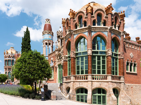 BARCELONA, SPAIN - JUNE 07, 2019: Hospital de la Santa Creu Sant Pau or Hospital of the Holy Cross and Saint Paul built between 1901 and 1930, by modernism architect Lluis Domenech Montanerのeditorial素材