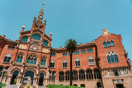 BARCELONA, SPAIN - JUNE 07, 2019: Hospital de la Santa Creu Sant Pau or Hospital of the Holy Cross and Saint Paul built between 1901 and 1930, by modernism architect Lluis Domenech Montanerのeditorial素材