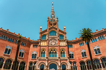 BARCELONA, SPAIN - JUNE 07, 2019: Hospital de la Santa Creu Sant Pau or Hospital of the Holy Cross and Saint Paul built between 1901 and 1930, by modernism architect Lluis Domenech Montanerのeditorial素材