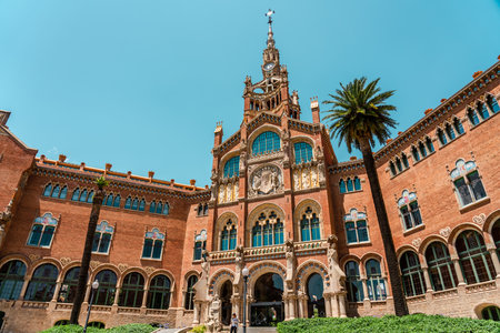 BARCELONA, SPAIN - JUNE 07, 2019: Hospital de la Santa Creu Sant Pau or Hospital of the Holy Cross and Saint Paul built between 1901 and 1930, by modernism architect Lluis Domenech Montanerのeditorial素材