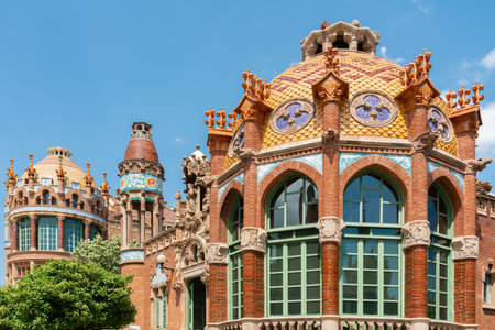 BARCELONA, SPAIN - JUNE 07, 2019: Hospital de la Santa Creu Sant Pau or Hospital of the Holy Cross and Saint Paul built between 1901 and 1930, by modernism architect Lluis Domenech Montanerのeditorial素材