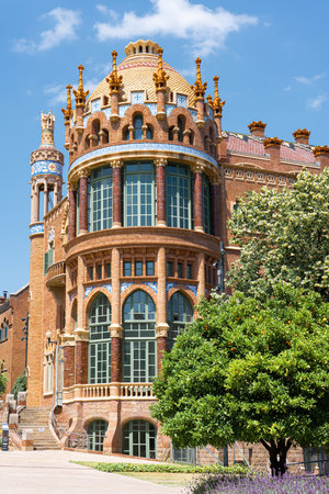 BARCELONA, SPAIN - JUNE 07, 2019: Hospital de la Santa Creu Sant Pau or Hospital of the Holy Cross and Saint Paul built between 1901 and 1930, by modernism architect Lluis Domenech Montanerのeditorial素材