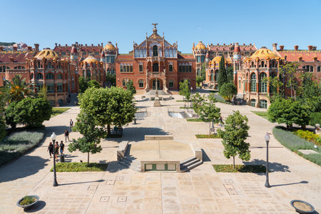BARCELONA, SPAIN - JUNE 07, 2019: Hospital de la Santa Creu Sant Pau or Hospital of the Holy Cross and Saint Paul built between 1901 and 1930, by modernism architect Lluis Domenech Montanerのeditorial素材