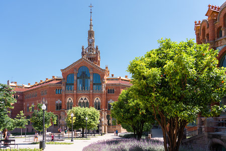 BARCELONA, SPAIN - JUNE 07, 2019: Hospital de la Santa Creu Sant Pau or Hospital of the Holy Cross and Saint Paul built between 1901 and 1930, by modernism architect Lluis Domenech Montanerのeditorial素材