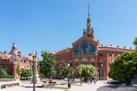 BARCELONA, SPAIN - JUNE 07, 2019: Hospital de la Santa Creu Sant Pau or Hospital of the Holy Cross and Saint Paul built between 1901 and 1930, by modernism architect Lluis Domenech Montanerのeditorial素材