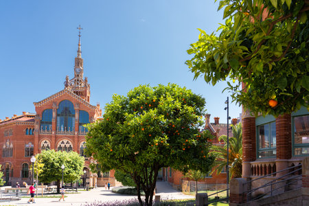 BARCELONA, SPAIN - JUNE 07, 2019: Hospital de la Santa Creu Sant Pau or Hospital of the Holy Cross and Saint Paul built between 1901 and 1930, by modernism architect Lluis Domenech Montanerのeditorial素材