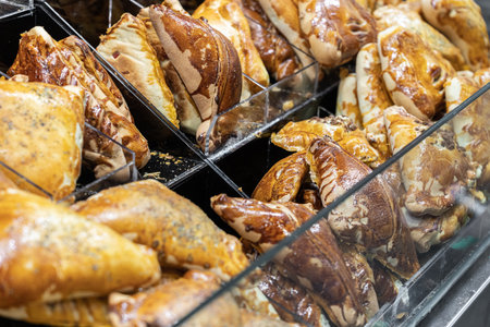 Empanada is a baked or fried pastry and meat, cheese, tomato, corn, or other ingredient stuffed filling common in Southern European, Latin American, and the Philippines culturesの写真素材