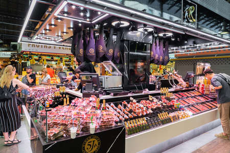 BARCELONA, SPAIN - JUNE 14, 2019: Meat Products For Sale In Barcelona Marketのeditorial素材
