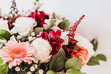 Beautiful Pink, Red and White Rustic Colorful Mixed Flower Bouquet, Still Life Composition Close-Upの写真素材
